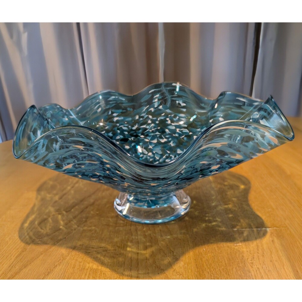 Vtg Blown Art Glass Blue White Confetti Floppy Bowl Handkerchief Ruffle 12" Wide